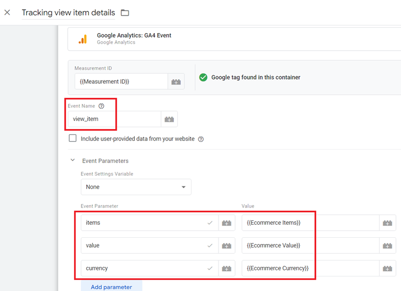 Tracking view item details tag configuration