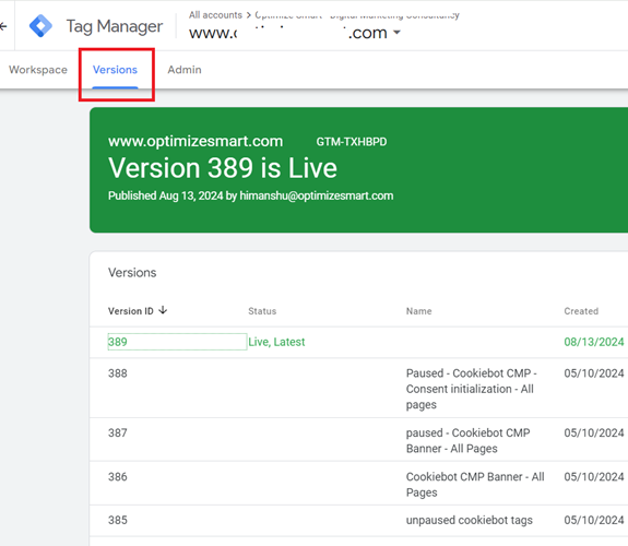 versions gtm container