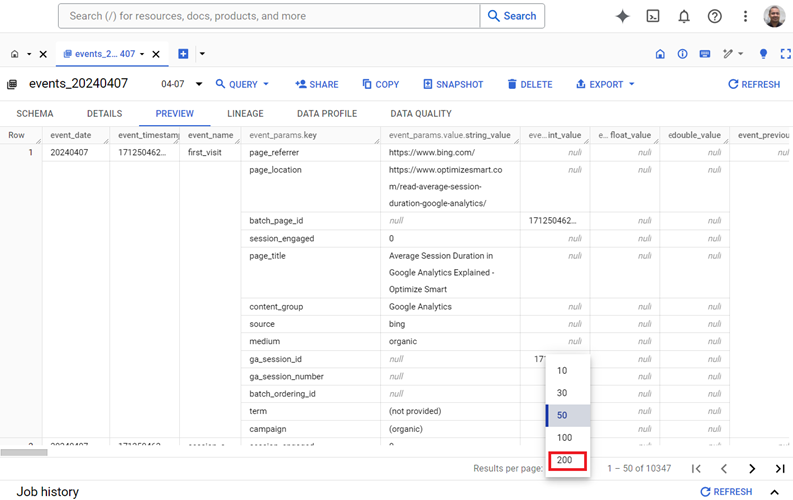 Understanding the BigQuery User Interface 37 You can see up to 200 rows per page