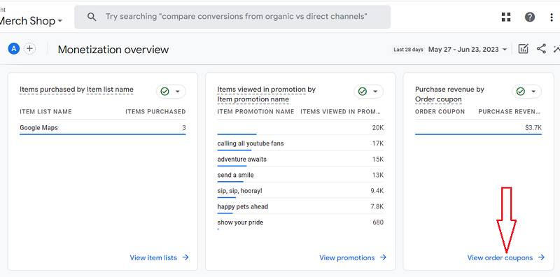 View order coupons ga4