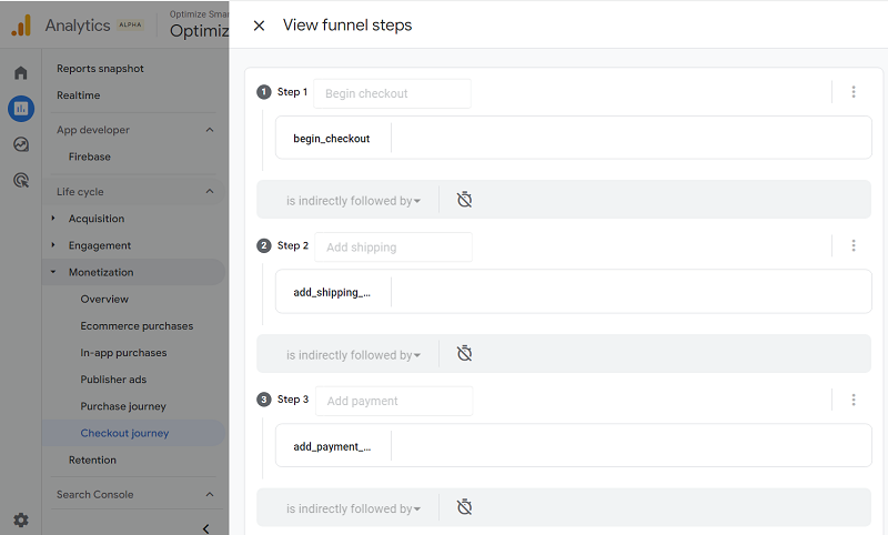 view funnel steps checkout journey report ga4