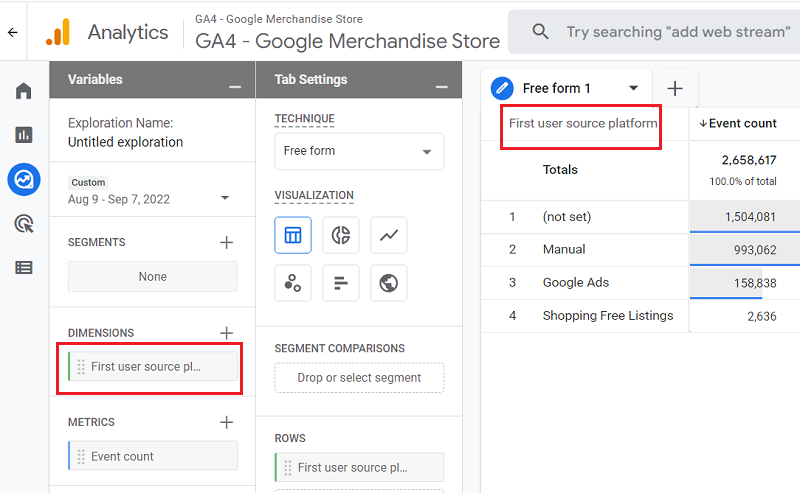 first user source platform ga4 1