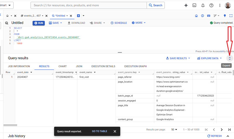 Understanding the BigQuery User Interface 72 expand the query result window