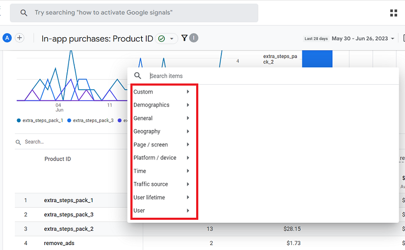 apply secondary dimension to the in app purchases report