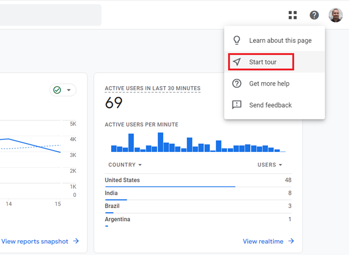 Free GA4 training and tutorial with Certification 7 Click on the ‘Start Tour option