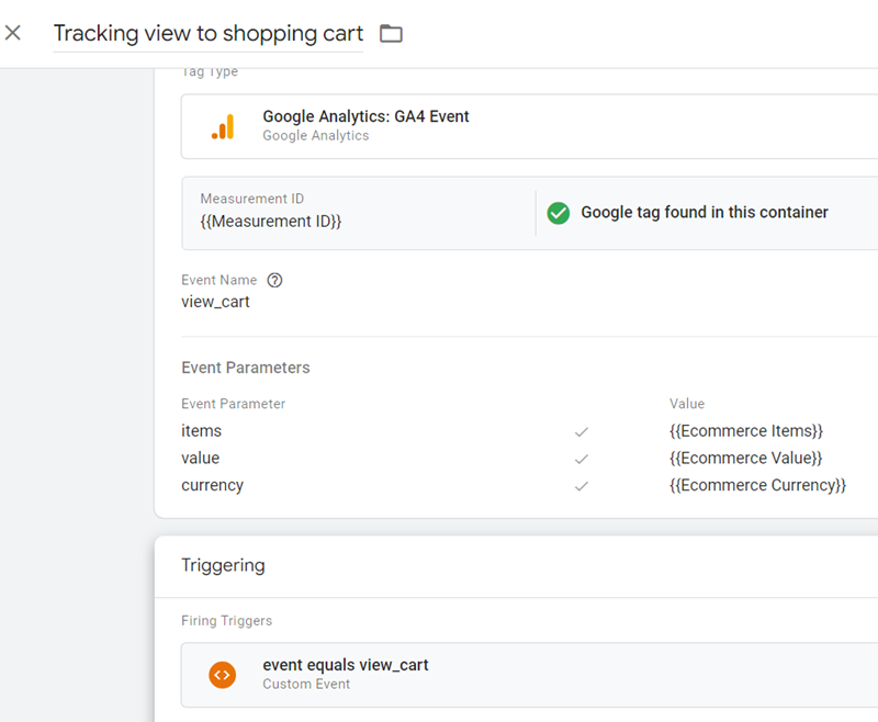 Tracking view to shopping cart final tag configuration