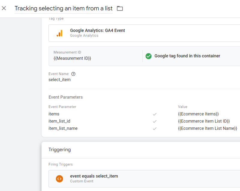Tracking selecting an item from a list final tag configuration