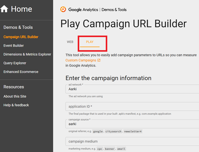 Play Campaign URL Builder tool 1