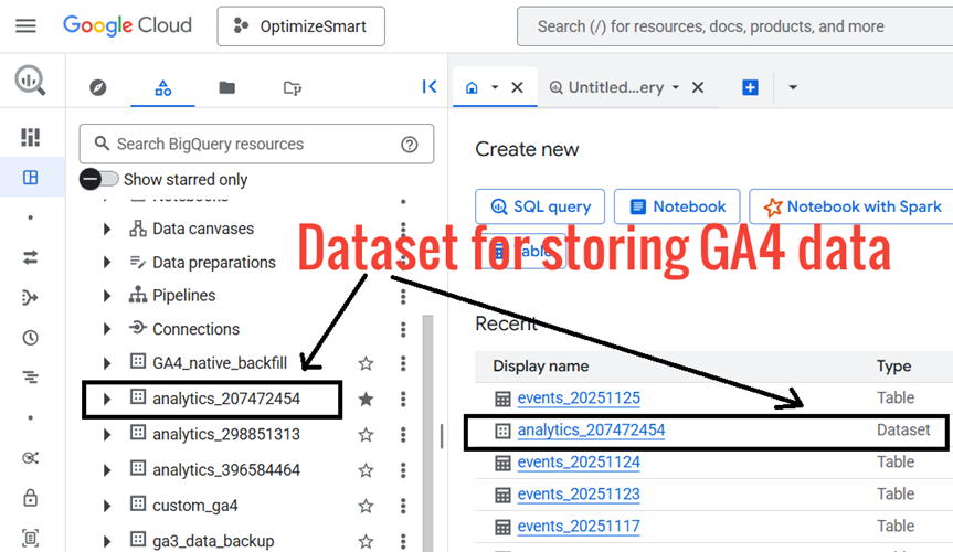 Understanding the BigQuery User Interface 12 dataset meant for GA4
