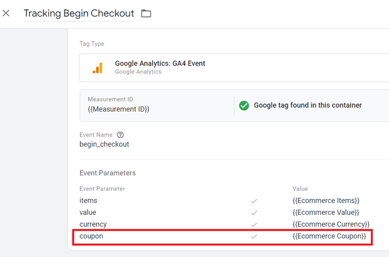 Tracking coupons in GA4 tag configuration