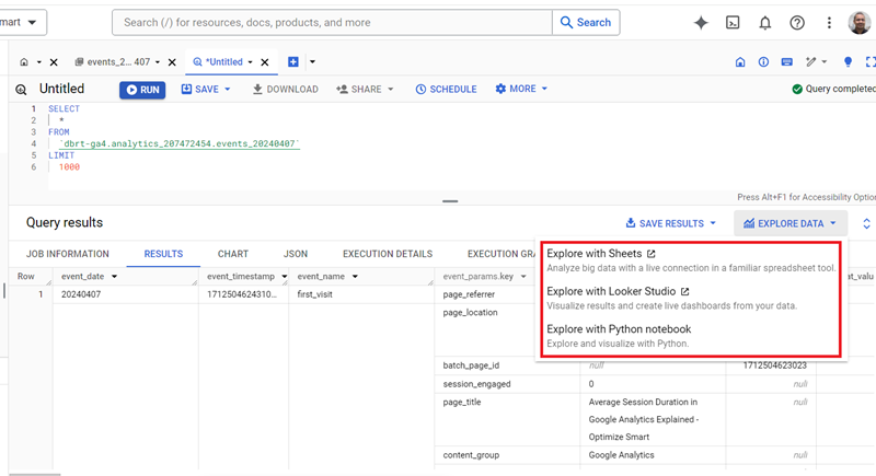 Understanding the BigQuery User Interface 69 explore with sheets