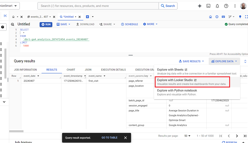 Understanding the BigQuery User Interface 70 Explore with Looker Studio