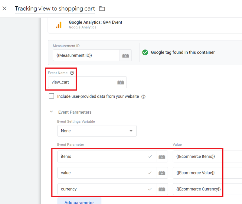 Tracking view to shopping cart tag configuration