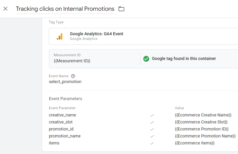 Tracking clicks on Internal Promotions tag configuration