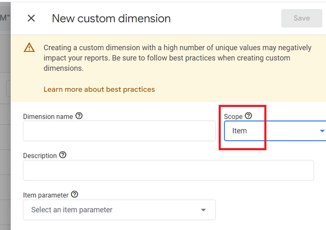 new custom dimension item scope