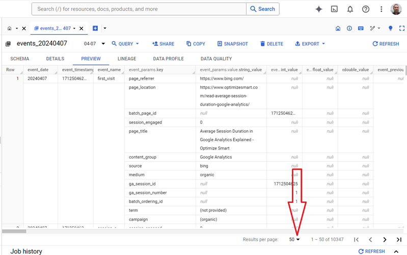 Understanding the BigQuery User Interface 36 Use the ‘Results per page drop down menu
