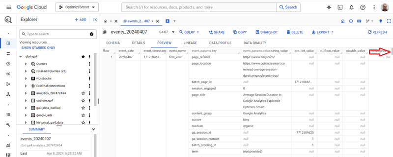 Understanding the BigQuery User Interface 35 Use the vertical slider to see more rows