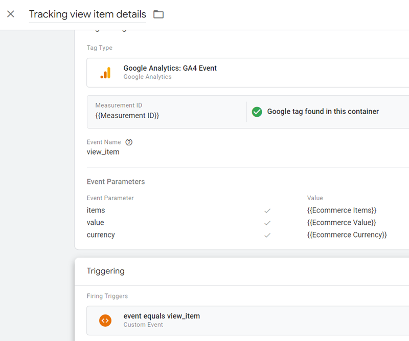Tracking view item details final tag configuration