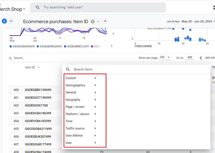 see the categories of various dimensions
