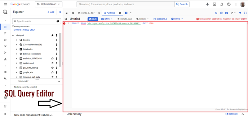Understanding the BigQuery User Interface 47 SQL Query Editor