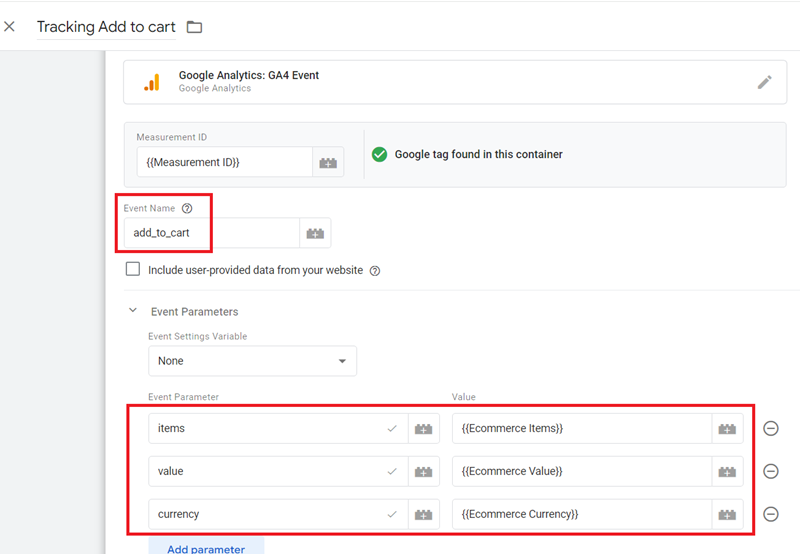 Tracking Add to cart tag configuration