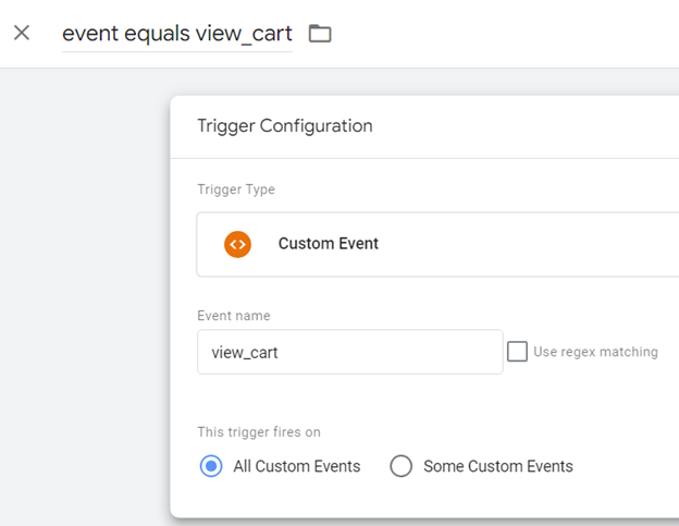 Tracking view to shopping cart Trigger configuration