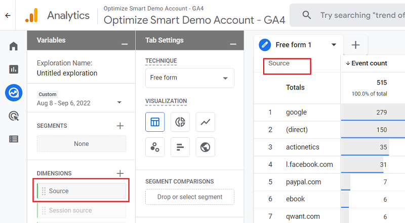 source dimension ga4