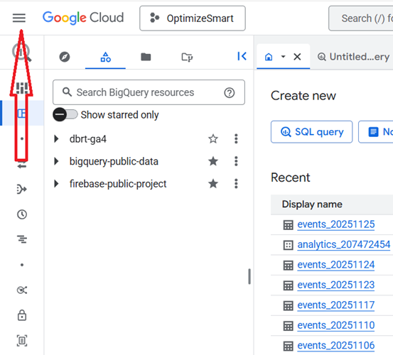 Understanding the BigQuery User Interface 8 Click on the hamburger menu to see all the GCP products