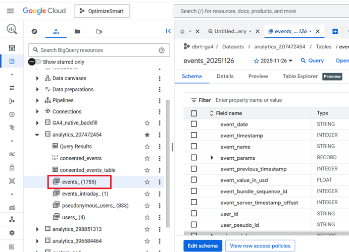 Understanding the BigQuery User Interface 18 All the GA4 event data from the previous day