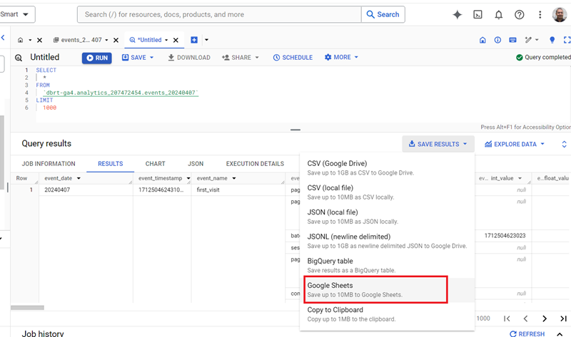 Understanding the BigQuery User Interface 60 downloaded ‘query results data looks like in Google Sheets