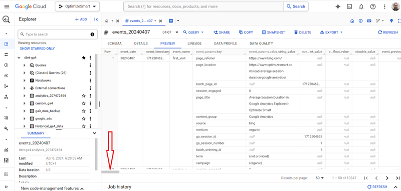 Understanding the BigQuery User Interface 34 Use the horizontal slider to see more columns