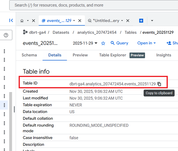Understanding the BigQuery User Interface 30 Take note of the table ID