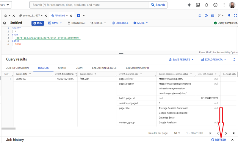 Understanding the BigQuery User Interface 75 Click on the ‘Refresh button to update the displayed query results
