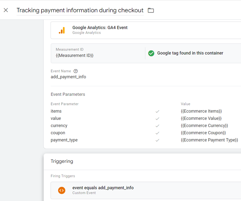 Tracking payment information during checkout final tag configuration