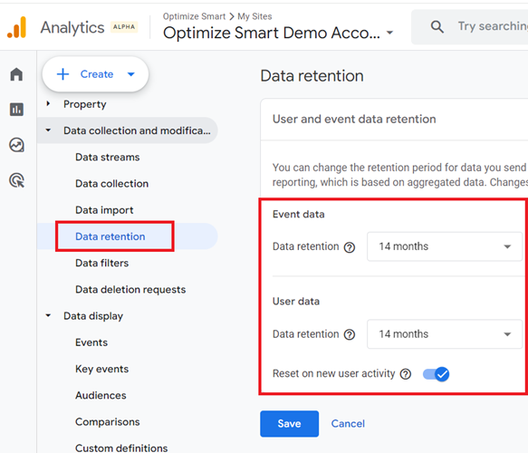 event or user data retention setting