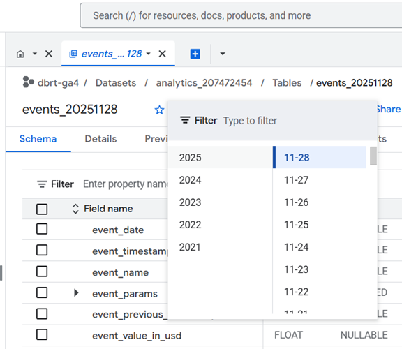 Understanding the BigQuery User Interface 28 select a different date