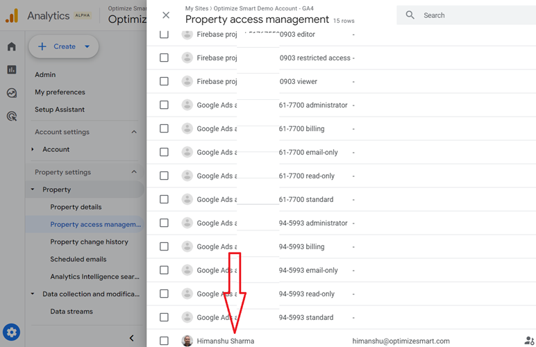 click on username Property Access Management