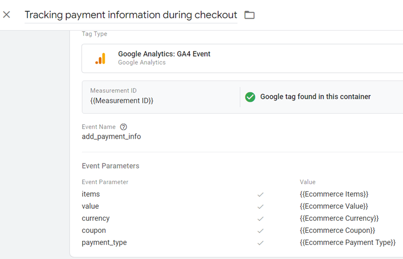 Tracking payment information during checkout tag configuration