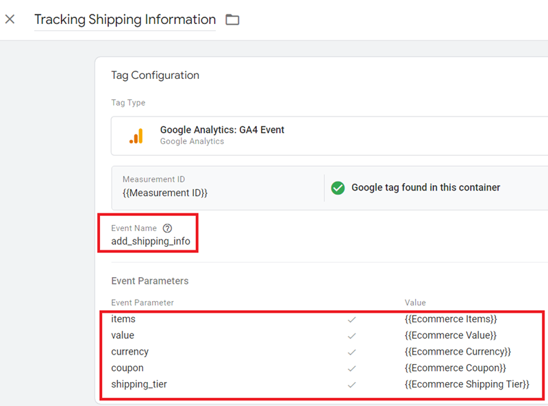 Tracking Shipping Information tag configuration
