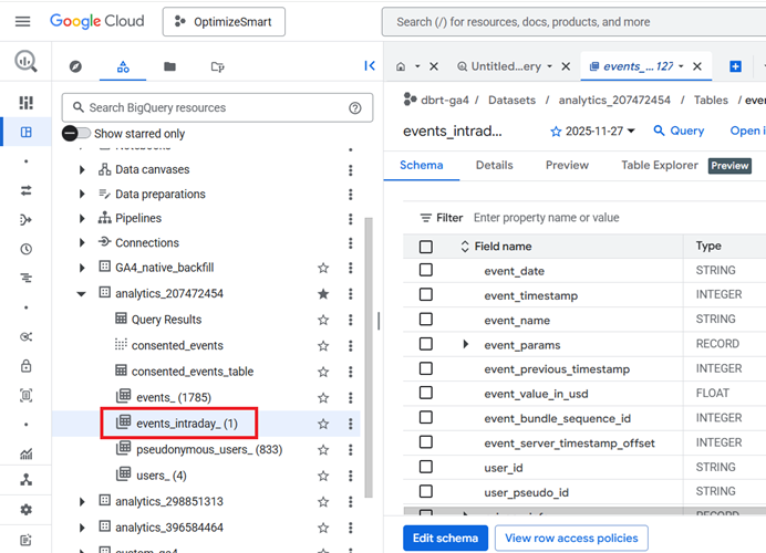 Understanding the BigQuery User Interface 19 All the GA4 event data from the current day