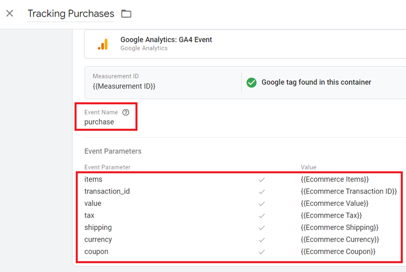 Tracking Purchases in GA4 tag configuration
