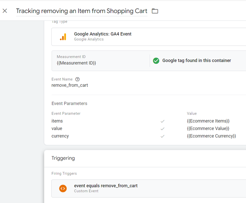 Tracking removing an Item from Shopping Cart final tag configuration
