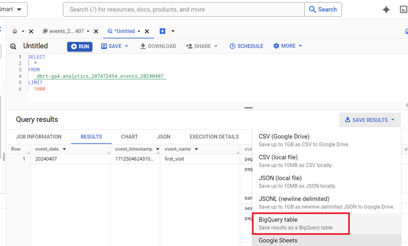 Understanding the BigQuery User Interface 63 save your query results as a data table