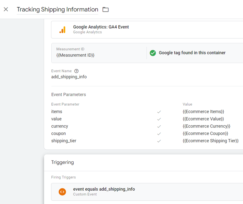 Tracking Shipping Information final tag configuration