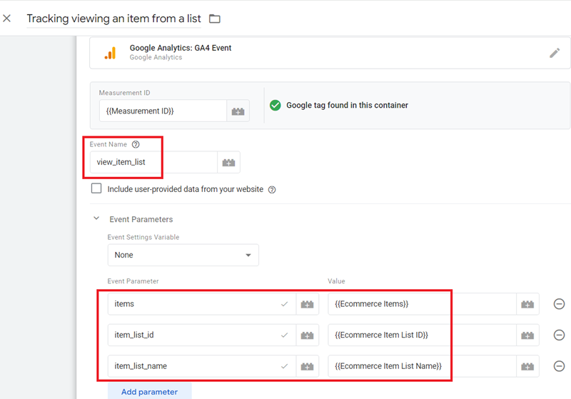 Tracking viewing an item from a list tag configuration