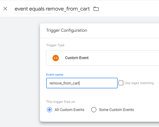 Tracking removing an Item from Shopping Cart Trigger configuration