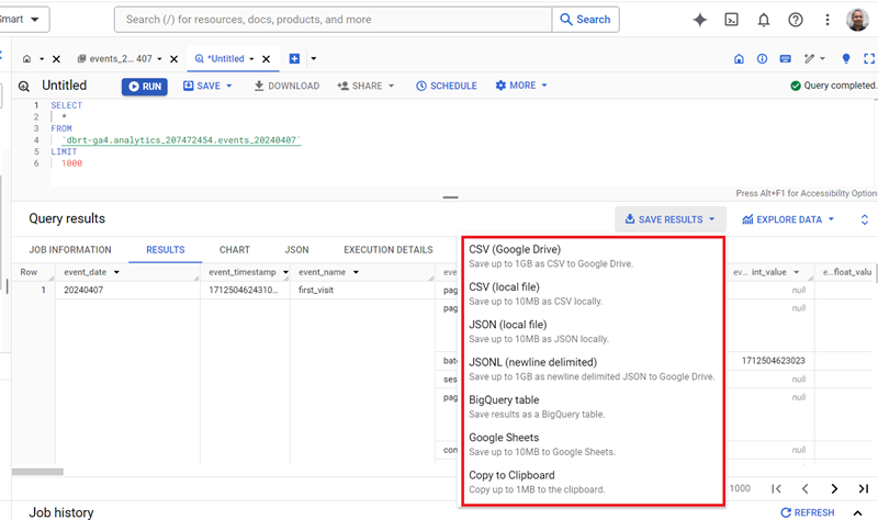 Understanding the BigQuery User Interface 59 download your query results into CSV JSON BigQuery table or Google Sheets documents