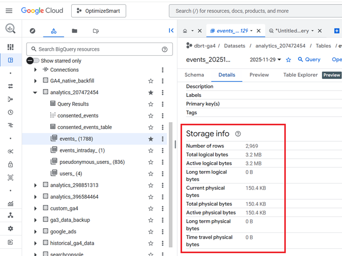 Understanding the BigQuery User Interface 31 Look at the ‘Storage Info section to determine the size of your data table