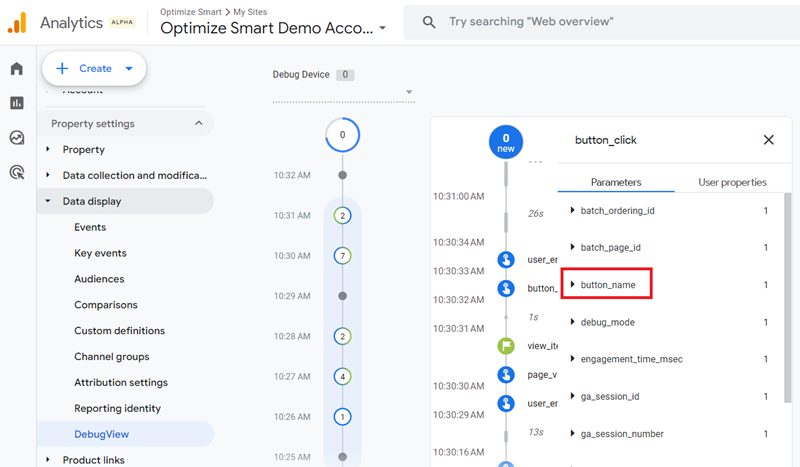 Find and click on the ‘button name parameter