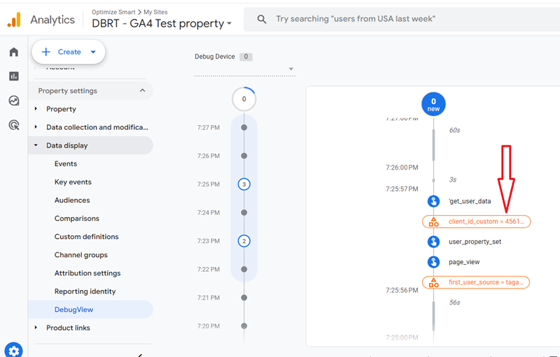 Find and click on the user property named ‘client id custom 1